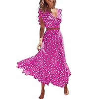 Women's Summer Casual Dress V-Neck Ruffles Sleeves Bohemian Midi Dresses Floral Maxi Dresses for Women Vacation Outfits