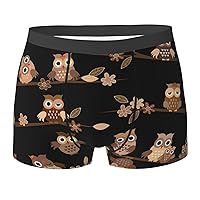 Men's Boxer Briefs, Cute Brown Cartoon Owls Print Covered Waistband Boxer Briefs, Stretch Moisture-Wicking Underwear