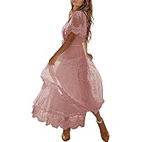 Happy Sailed Womens V Neck Button Down Floral Lace Maxi Dress Short Sleeve Boho Flowy Dresses