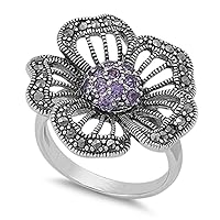 Simulated Amethyst Unique Flower Rope Cluster Ring .925 Sterling Silver Band Sizes 6-10