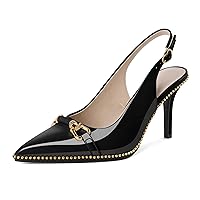 Slingback Heels Women's Pointed Toe Stilettos High Heel Pumps Metal Buckle Gold Beaded Shoes