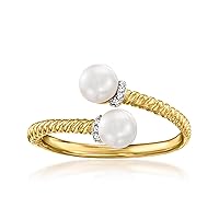 Ross-Simons 5-5.5mm Cultured Pearl Bypass Ring With Diamond Accents in 18kt Gold Over Sterling. Size 8