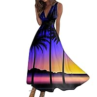 Spring Dresses for Women 2024 Black Blue Women Summer Fashion Hawaiian Print V-Neck Sleeveless Tunic Dresses