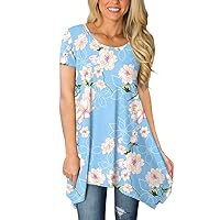 BISHUIGE Womens Summer Short Sleeve Irregular Hem Loose Tunic Tops Flowy Blouses Shirt