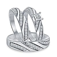 1Ct Round Cut White Diamond in 925 Sterling Silver 14K White Gold Over Diamond Wedding Band Engagement Trio Set for Him & Her