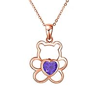 14K Rose Gold Plated Alloy Created Amethyst Cute Teddy Bear Love Heart Pendant Necklace