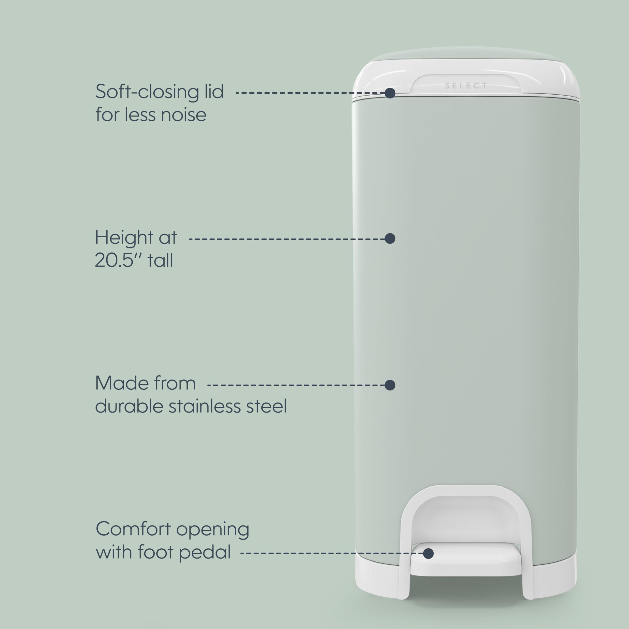 Diaper Genie Select Pail (Green) is Made of Durable Stainless Steel and Includes 1 Starter Square Refill That can Hold up to 165 Newborn-Sized Diapers.