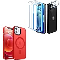 CANSHN Magnetic Designed for iPhone 12 Case Red & 3 Pack Screen Protector for iPhone 12 [6.1 inch] + 3 Pack Tempered Glass Camera Lens Protector with Easy Installation Frame - 6.1 Inch