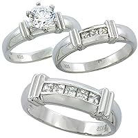 Sterling Silver Cubic Zirconia Trio Engagement Wedding Ring Set for Him and Her 6.5 mm Channel Set Princess, L 5-10 & M 8-14