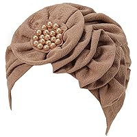 Women Turban Flower Caps - Elastic Beaded Solid Headwrap Chemo Beanies Cancer Headwear Hats for Hair Loss Cover