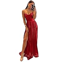 Metallic Sparkly Satin Prom Dress for Women 2024 with Slit Long Formal Evening Party Gown with Pleated PM024