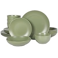 Gibson Home Queenslane 16 Piece Double Bowl Plates and Bowls Dinnerware Sets - Matte Green