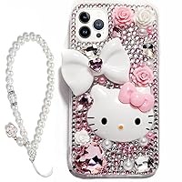 Pink Cute Cat Phone Case for iPhone 15 14 13 12 11 Pro Max/Plus Bling Diamond Cover,Silicone Shell,with Pearl Lanyard,Cartoon Design for Women (Pink Cat, for iPhone 14 Plus)