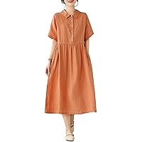 Women's Cotton Linen Dress Lapel Button Midi Dresses with Pockets