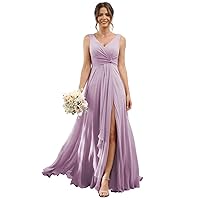 RSOETOO Chiffon Bridesmaid Dresses for Wedding with Pockets A-line Ruffles Long Chiffon Formal Party Dress with Slit RO056