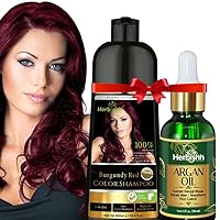 Hair Strengthening Combo Contains Hair Color Shampoo Hair Dye 500ml Burgundy + Herbishh Argan Oil for Hair – Deep Condition Hair Argan Oil for Hair Frizz Control & Damage Repair - 30ml