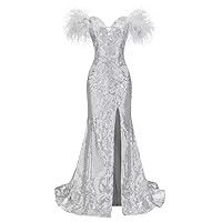Feather Sequin Prom Dresses for Women Off Shoulder Glitter Mermaid Formal Evening Gowns with Slit