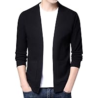 Men's Solid Color V Neck Long Sleeve Open Front Cardigan Sweater Cable Ribbed Knitted Sweaters with Pockets