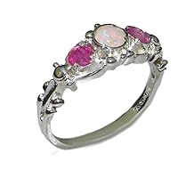 10k White Gold Real Genuine Opal and Ruby Womens Band Ring