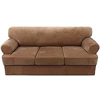 H.VERSAILTEX Sofa Cover 4 Piece T Cushion Sofa Slipcovers Thick Velvet Couch Cover Furniture Protector Stretch T Cushion Sofa Covers for 3 Cushion Couch with 3 Individual T Cushion Covers, Camel
