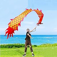 Lightweight Dragon Poi with 3D Dragon Head & Swing Rope Combo for Kids and Beginners, Flowy Dragon Ribbon Streamer Outdoor Fitness Golden Dragon Stage Prop Set (Golden Red, 9.8 FT(3M))