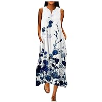 Women's Beach Clothes Fashion Sleeveless Printed Pocket V Neck Loose Casual Long Dress Swim Cover Up