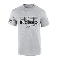 Mens Christian Shirt Free Indeed John 8:36 Scripture Christian Flag Sleeve Short Sleeve T-Shirt Graphic Tee