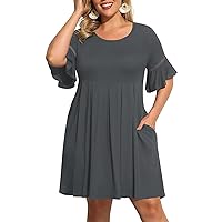 Pinup Fashion Women's Plus Size Bell Sleeve Round Neck Casual Summer Knit Babydoll Swing Sundress Pockets