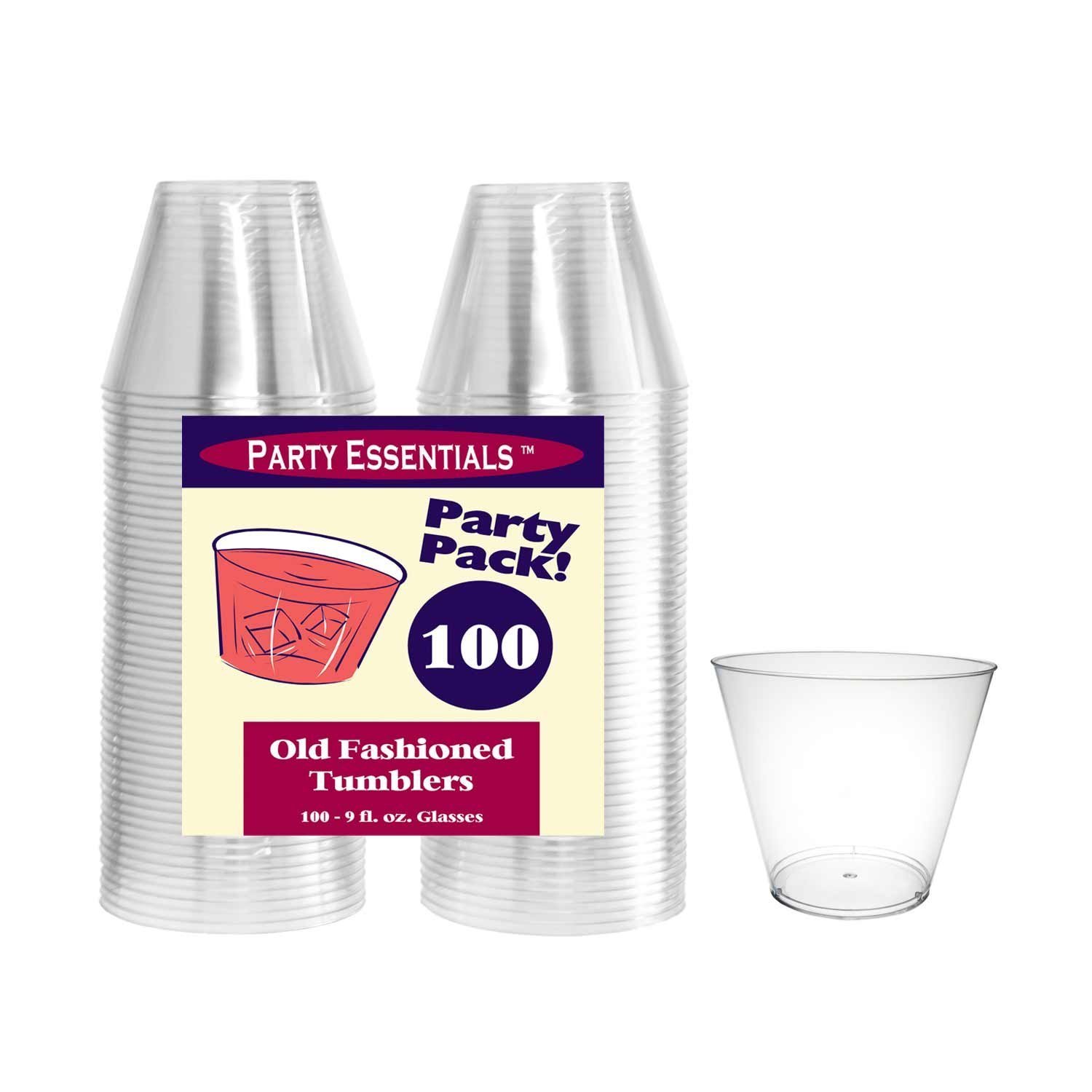 Party Essentials 9 oz Disposable Party Cups, Old Fashioned Tumblers, Cocktail Wine Glasses for Home, Picnic, Wedding, Birthday, 100 Count (Pack of 1), Clear, Hard Plastic