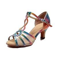TDA Women's T-strap Peep Toe Mid Heel Cut-out Mesh Synthetic Salsa Tango Practice Latin Modern Shoes Wedding Praty Dance Sandals