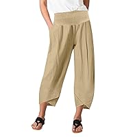 Women Smocked High Waist Harem Pants Summer Dressy Casual Loose Fit Beach Pants Y2K Irregular Hem Cropped Trousers
