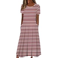 Modern Independence Day Party Dress Women Short Sleeve Shift Cotton Comfort Dresses for Women Patchwork Scoop Red M