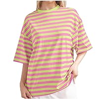 Prime Membership Women Oversized Striped Short Sleeve T-Shirts Color Block Crew Neck Loose Pullover Shirt Trendy Casual Summer Tee Tops