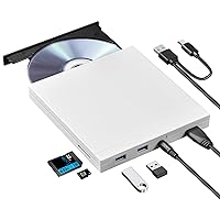 ROOFULL External CD DVD Drive for Mac, CD Burner with SD Card Reader + USB Ports + Long Cable, Portable CD-ROM DVD+/-RW Optical Disk Drive Player for Laptop PC, Windows, MacBook iMac, Linux, White