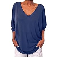 Women's Batwing 3/4 Sleeve Tops Summer V Neck Button Back Fashion Tshirts Casual Loose Fit Solid Color Tunic Blouses