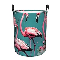 Flamingo Flowers Round waterproof laundry basket,foldable storage basket,laundry Hampers with handle,suitable toy storage
