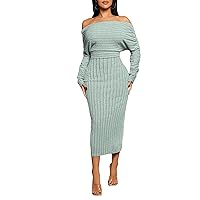 MakeMeChic Women's Off Shoulder Long Sleeve Midi Dress Solid Ribbed Knit Slim Fit Bodycon Dresses