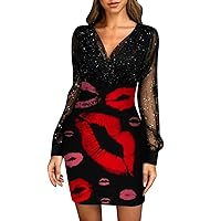 Cocktail Midi Dresses for Women with Sleeves,Women's Sexy Dress Skirt Long Sleeve Lace V Neck Sexy Dresses Prin