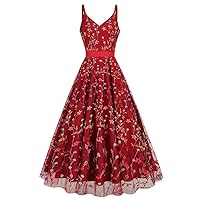 Women Vintage 1950s Embroidered Sleeveless Flower Rose Wedding Cocktail Party Swing Gatsby Evening Long Gown Dress