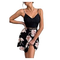 TINMIIR Summer dresses for Women 2022 Floral Print Guipure Lace Insert Flared Hem Short Sleeveless Cami Dress (Color : Multicolor, Size : Medium)