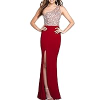 Sexy One Shoulder Top Beading Long Satin Sheath Evening Dress with Side Split