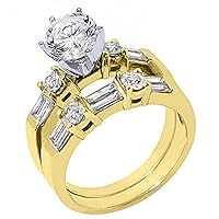 14k Yellow Gold 1.76 Carats Round & Baguette Diamond Engagement Ring Bridal Set