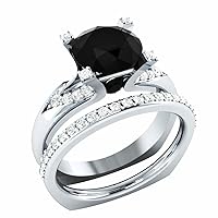 DESTINY JEWEL Solid 925 Silver 14K White Gold Over 2.35Ct Round Cut Black Diamond Bridal Engagement Wedding Ring Set.