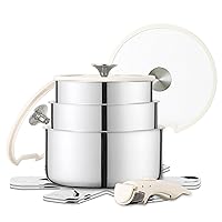 CAROTE 9pcs Stainless Steel Pots and Pans Set with Removable Handle, Cookware Set with Detachable Handle, RV Kitchen Cookware Set, Oven/Dishwasher Safe