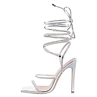 Women's Strappy Rhinestone Lace Up Heels Ankle Strap Square Open Toe Sexy Stiletto Heeled Sandals