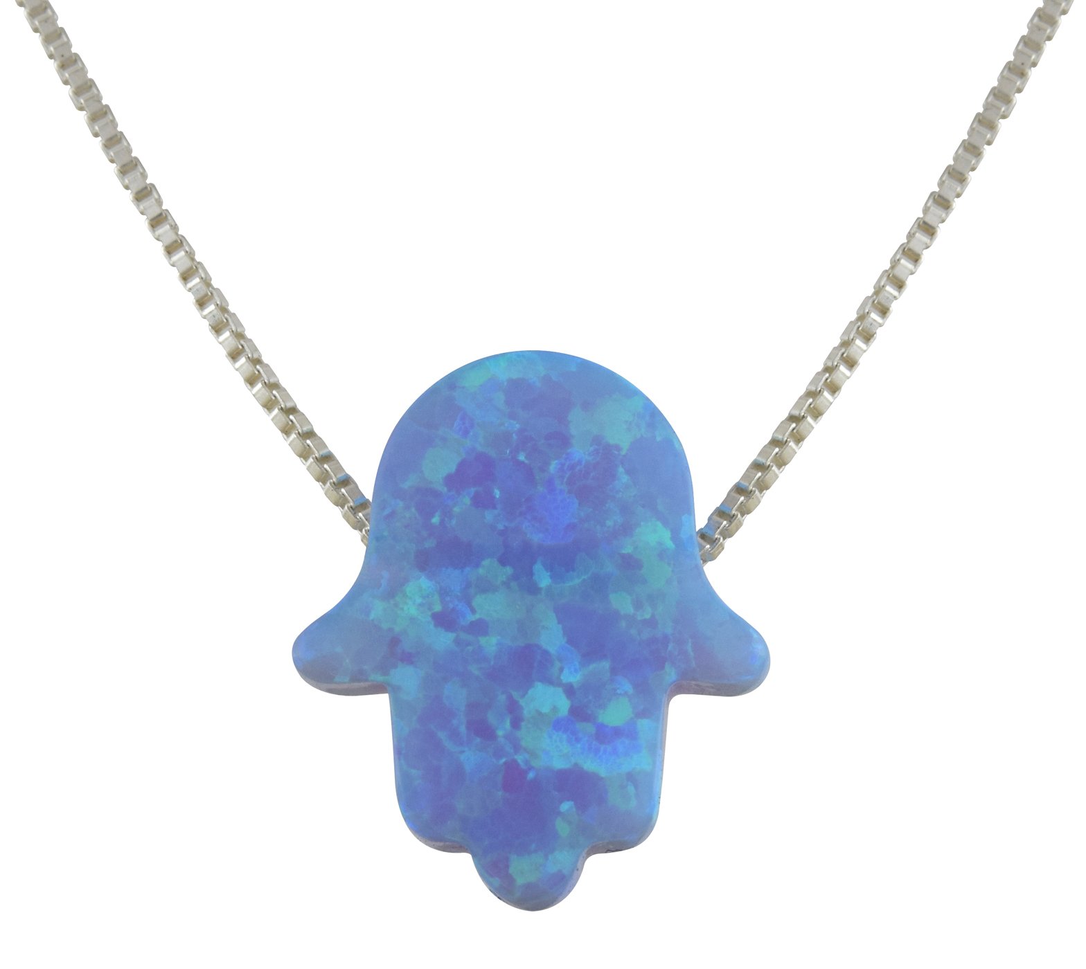 aJudaica Light Blue Created Opal Hamsa Hand Pendant Necklace with Sterling Silver Chain