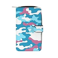Pink and Blue Camouflage Womens Leather Wallets Slim Card Holder Purse RFID Blocking Bifold Clutch Handbag Zippered Pocket