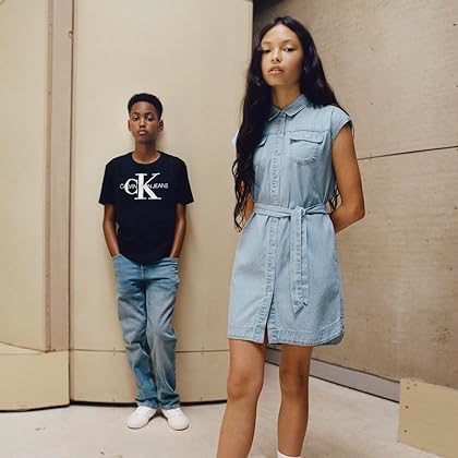 Calvin Klein Girls' Short Sleeve Shirt Dress, Chambray & Dark Denim Colors