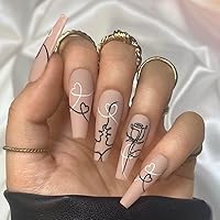 Coffin Nude Press on Nails Flower Fake Nails Long Acrylic Fake Nails Graffiti Stick on Nails With Sticker Beautiful Nails for Women Girls -24Pcs