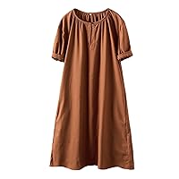 Minibee Women's Cotton Linen Dress Short Sleeve Midi Casual Plus Size Tunic Dress with Pockets